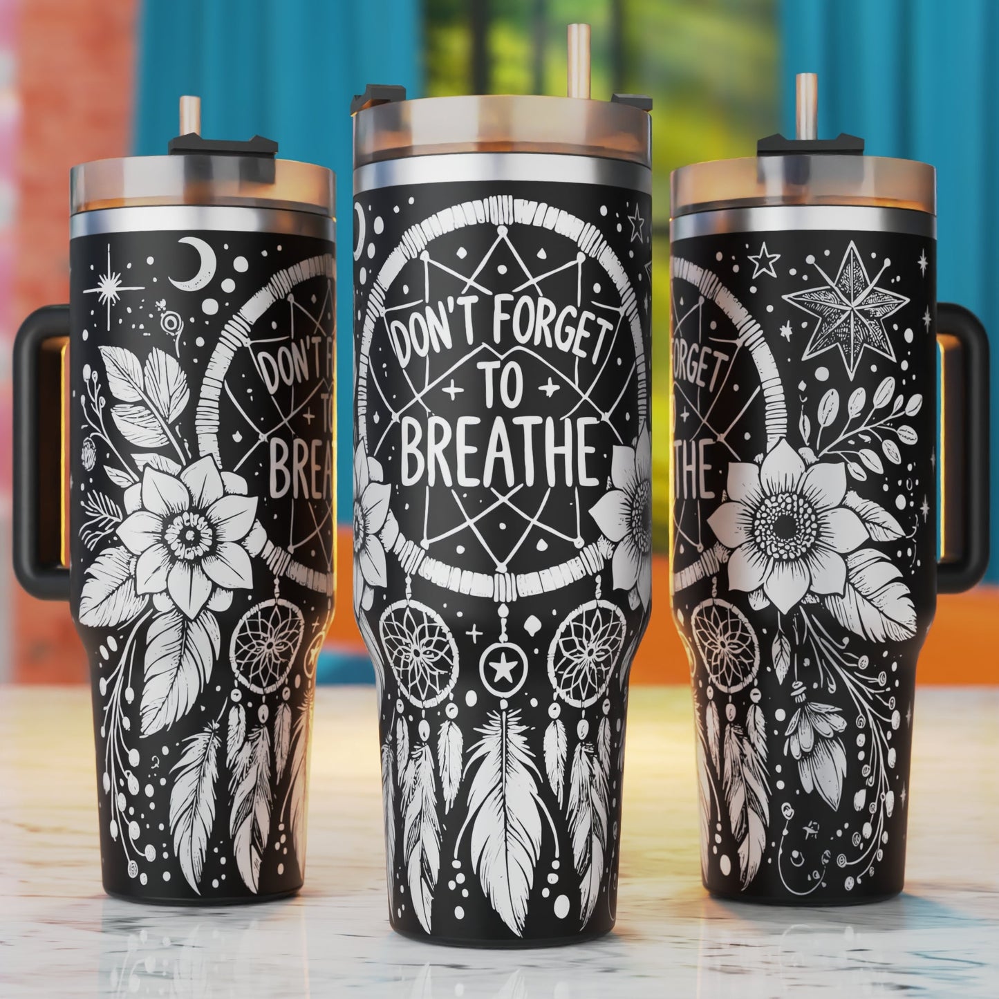 Don't Forget to Breathe 40oz tumbler laser engraving SVG design – dream catcher design