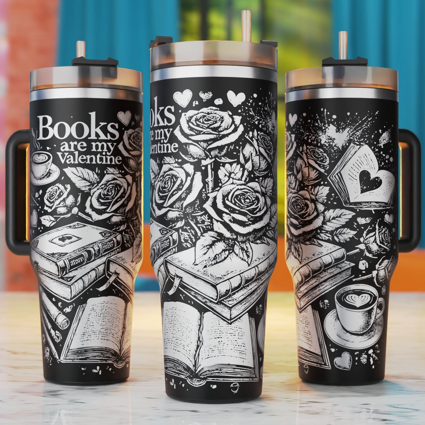 Books Are My Valentine 40oz tumbler laser engraving SVG design – books and flowers