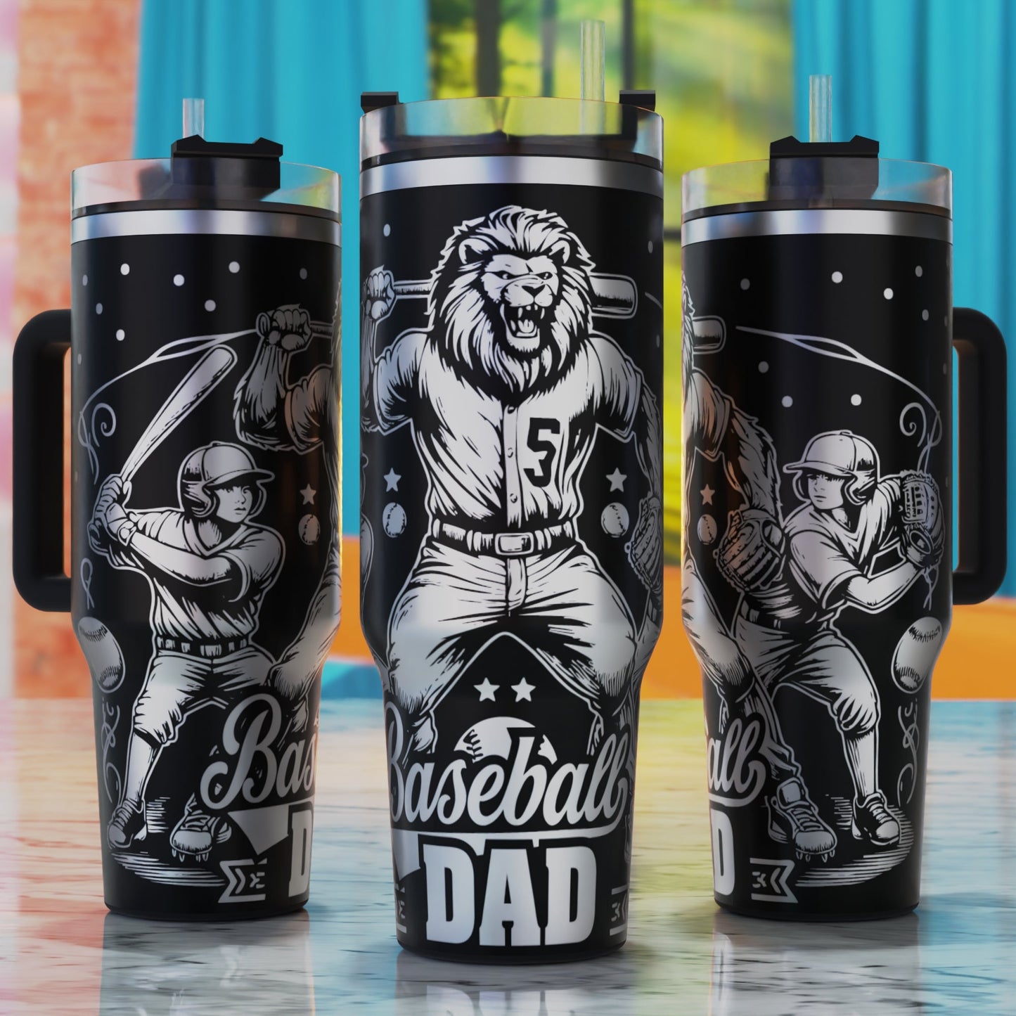 Baseball Dad Lion SVG – digital engraving design file for 40oz tumblers, perfect for athletic and baseball-themed designs.