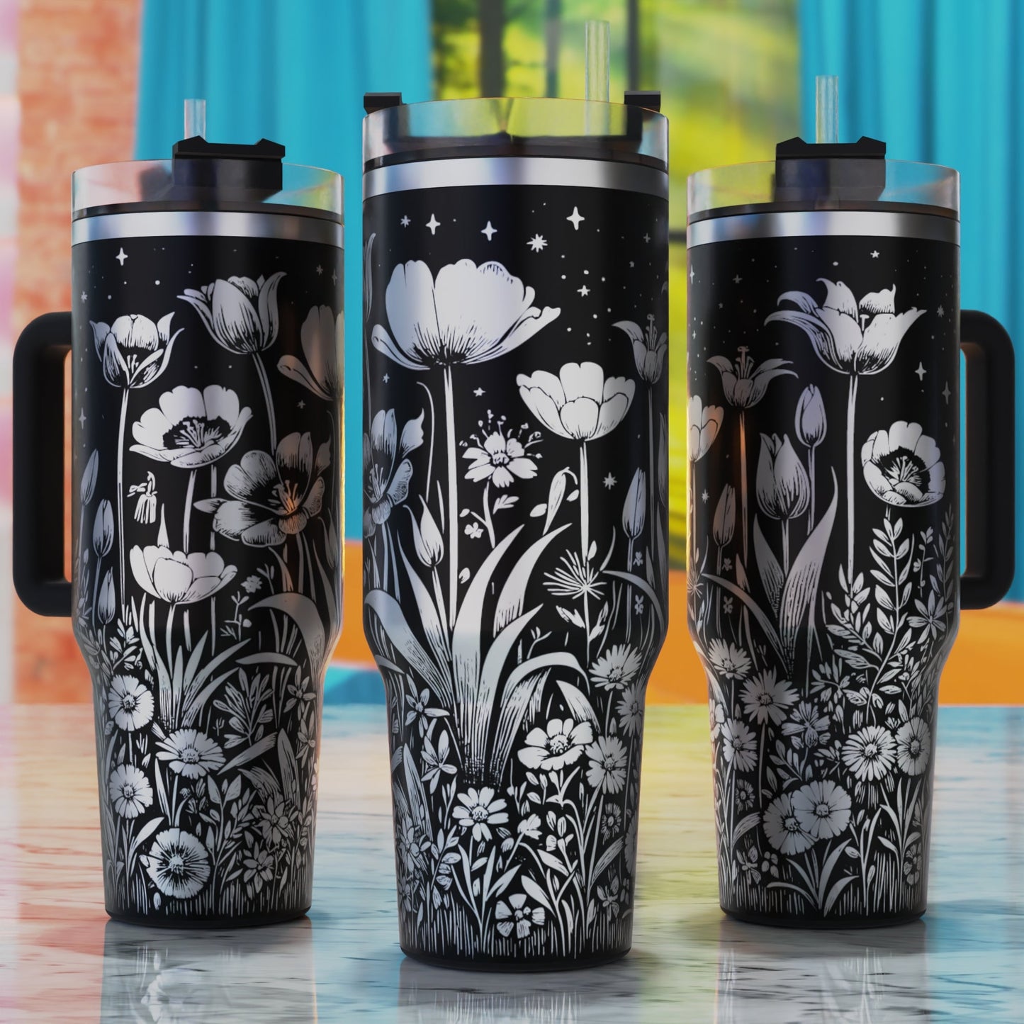 Night Bloom Wildflower SVG – digital engraving design file for 40oz tumblers, perfect for elegant floral and night garden themes.