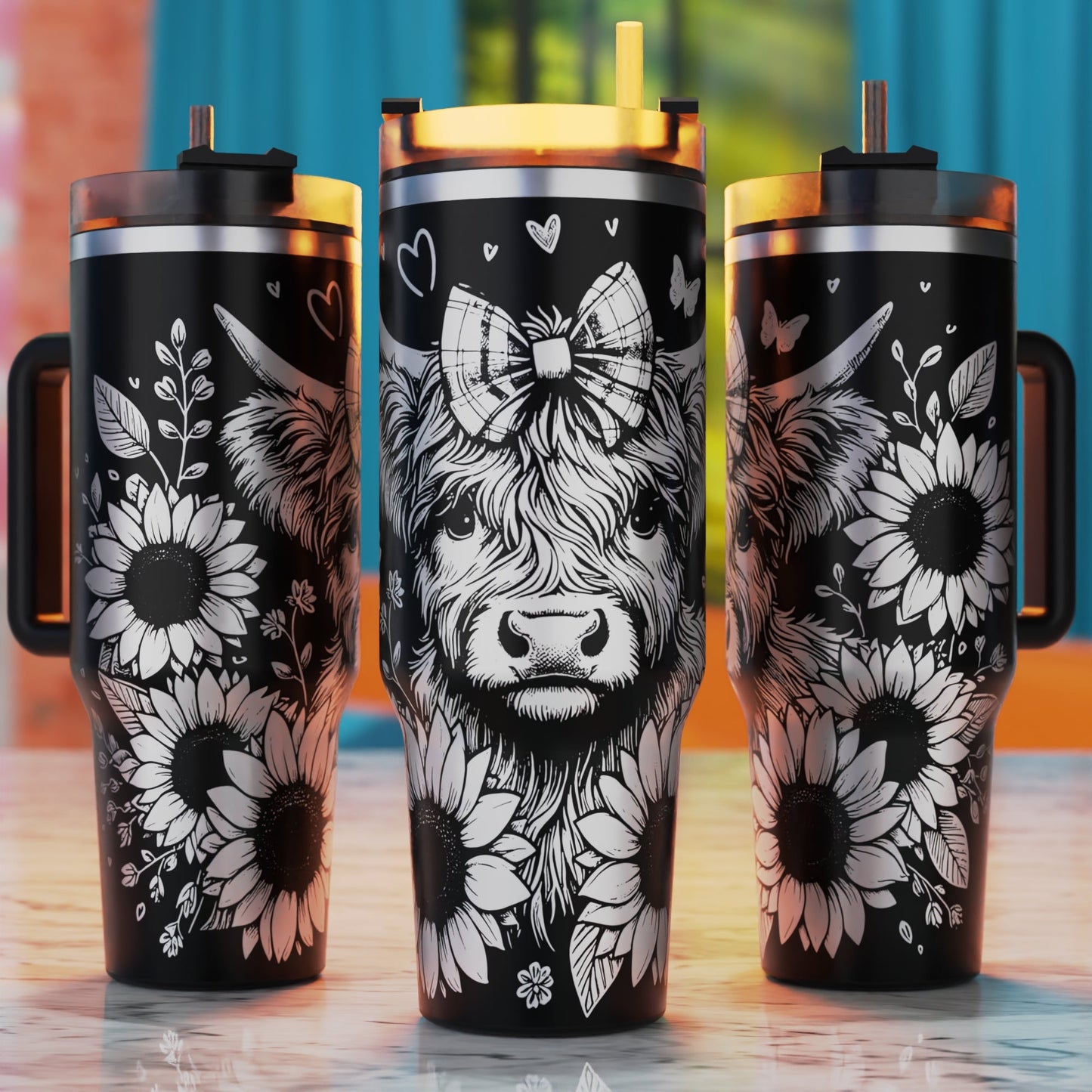 Highland Cow With Flowers 40oz Tumbler Svg, Pumpkin Svg Laser Engraving, 40oz Tumbler Laser Svg, 40oz Tumbler Wrap Designs