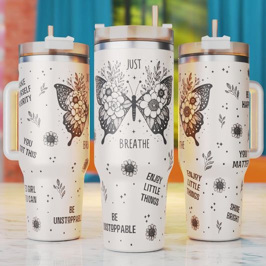 Butterfly  'Just Breathe' SVG for 40oz tumbler engraving – motivational design