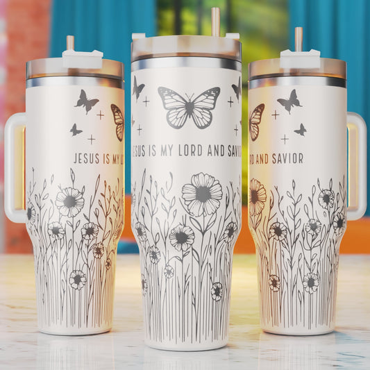 Jesus Is My Lord And Savior Text 40oz tumbler laser engraving SVG design – flowers and butterflies, christian gift