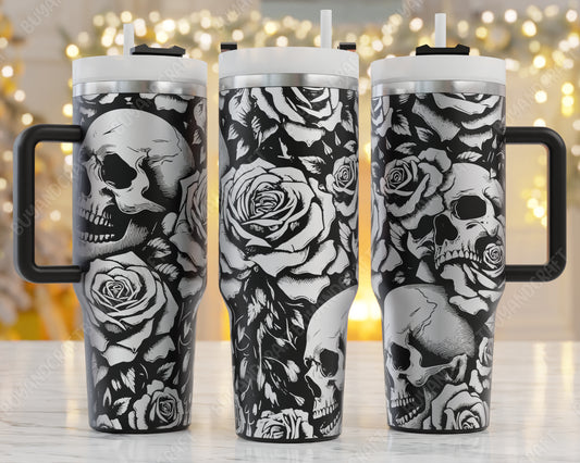 Skulls And Flowers 40oz Tumbler Wrap, Gothic Svg Laser Engraving, Floral Theme Svg, Mom 40oz Tumbler Laser Svg, Tumbler Wrap Designs