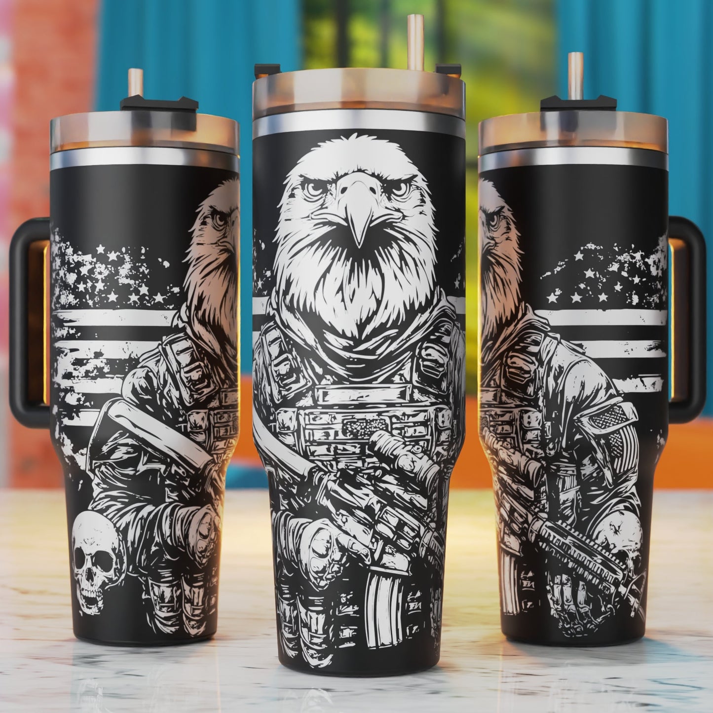Soldier Eagle 40oz tumbler laser engraving SVG design – american flag