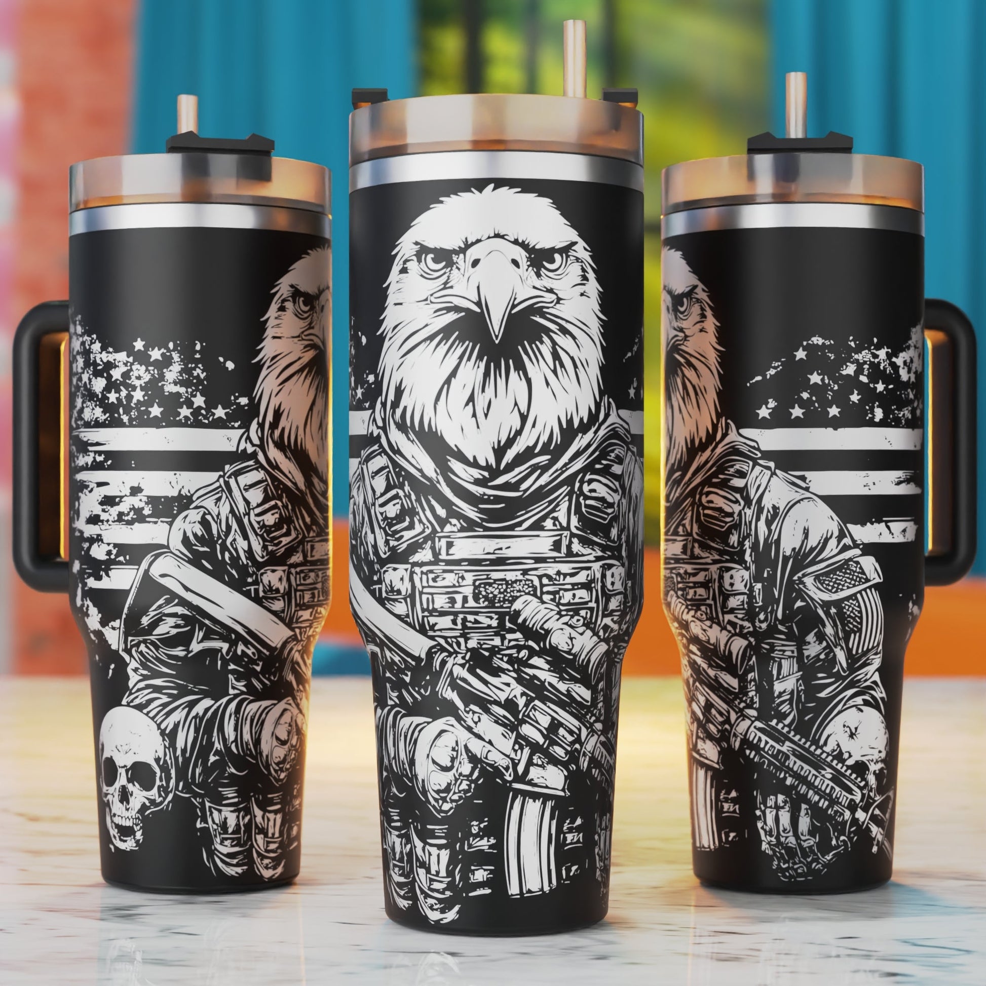 Soldier Eagle 40oz tumbler laser engraving SVG design – american flag