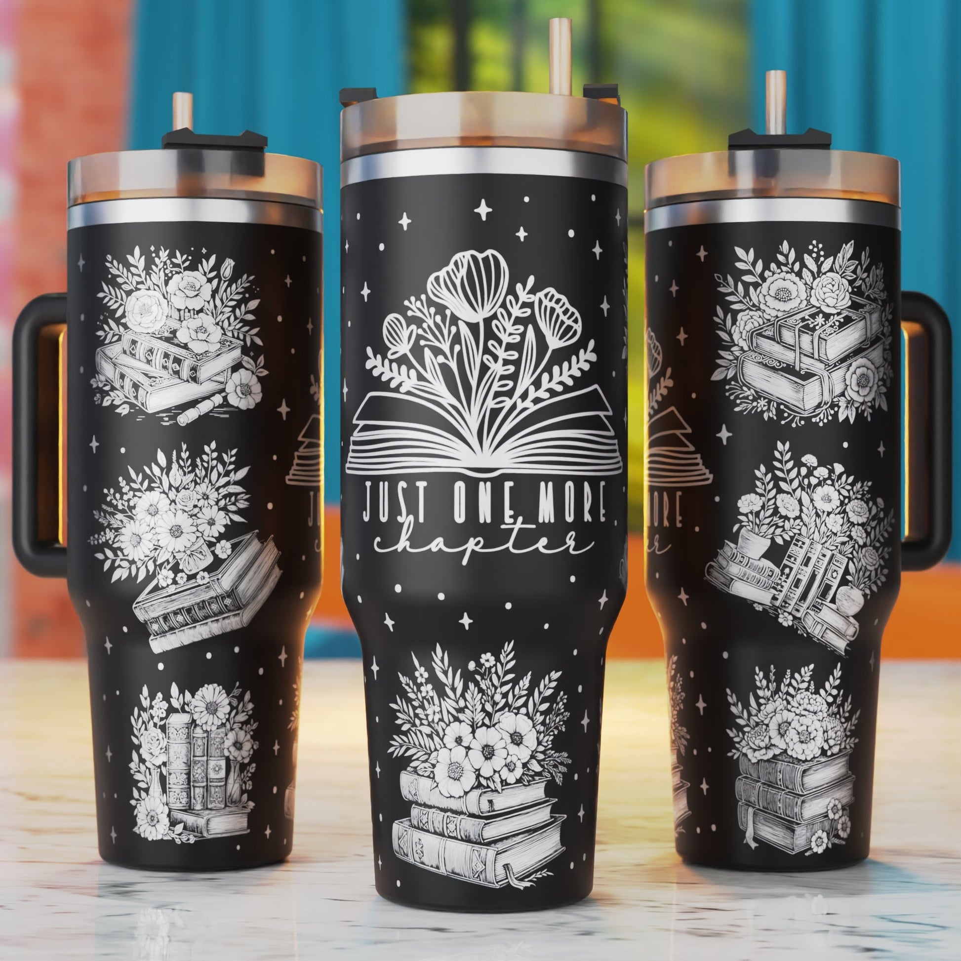 Just One More Chapter 40oz tumbler laser engraving SVG design – book lover gift