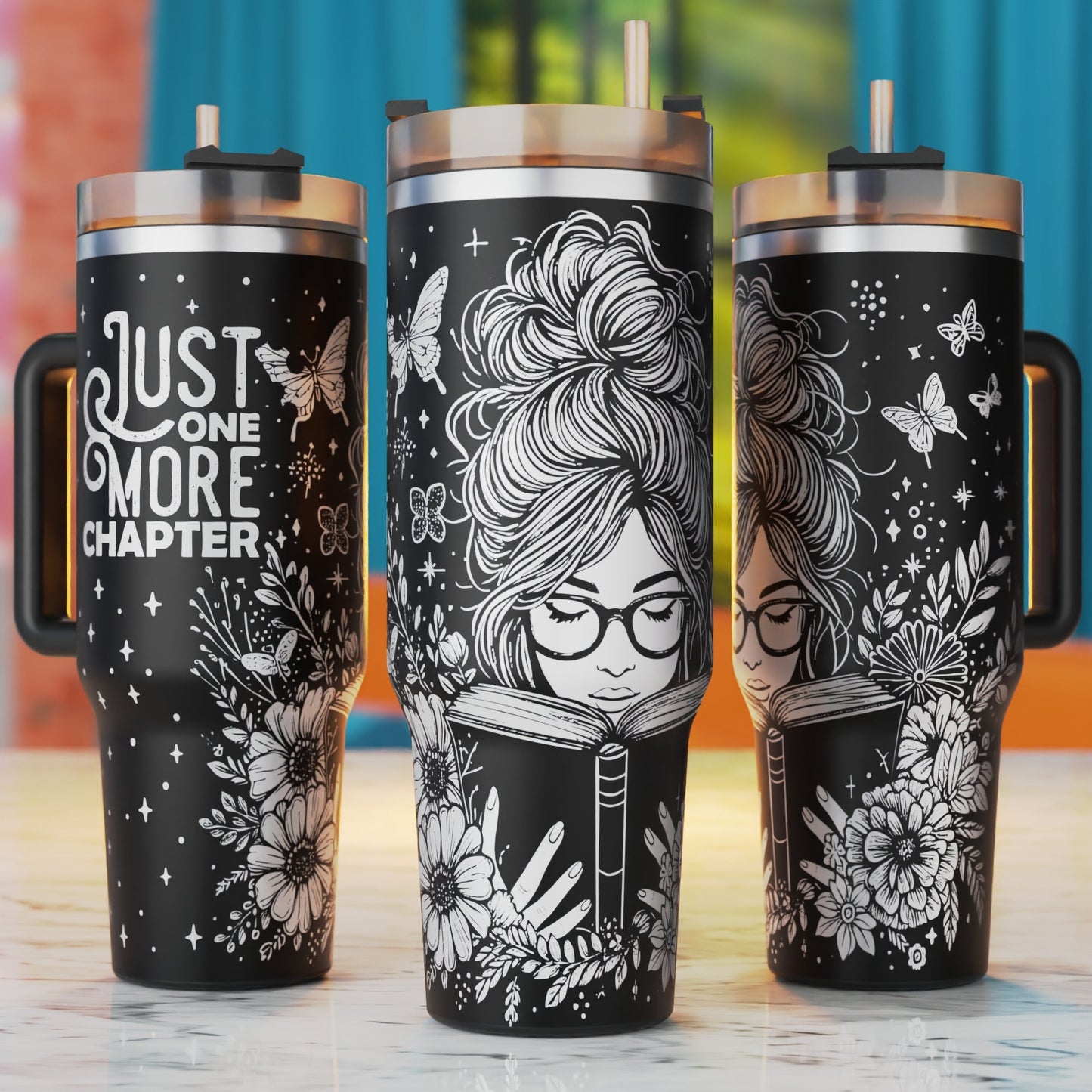 Just One More Chapter 40oz tumbler laser engraving SVG design – woman reading a book
