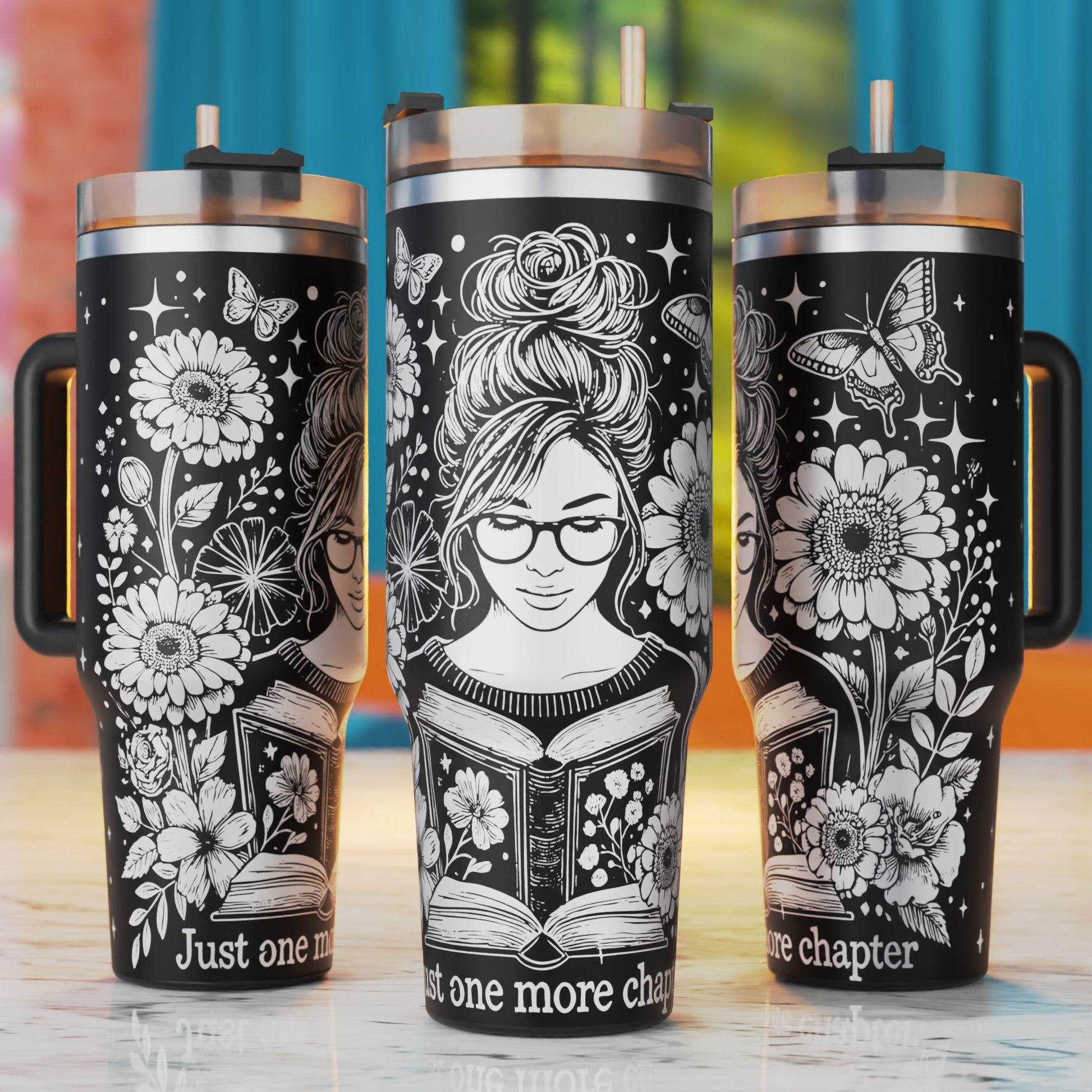 Just One More Chapter 40oz tumbler laser engraving SVG design – messy bun woman