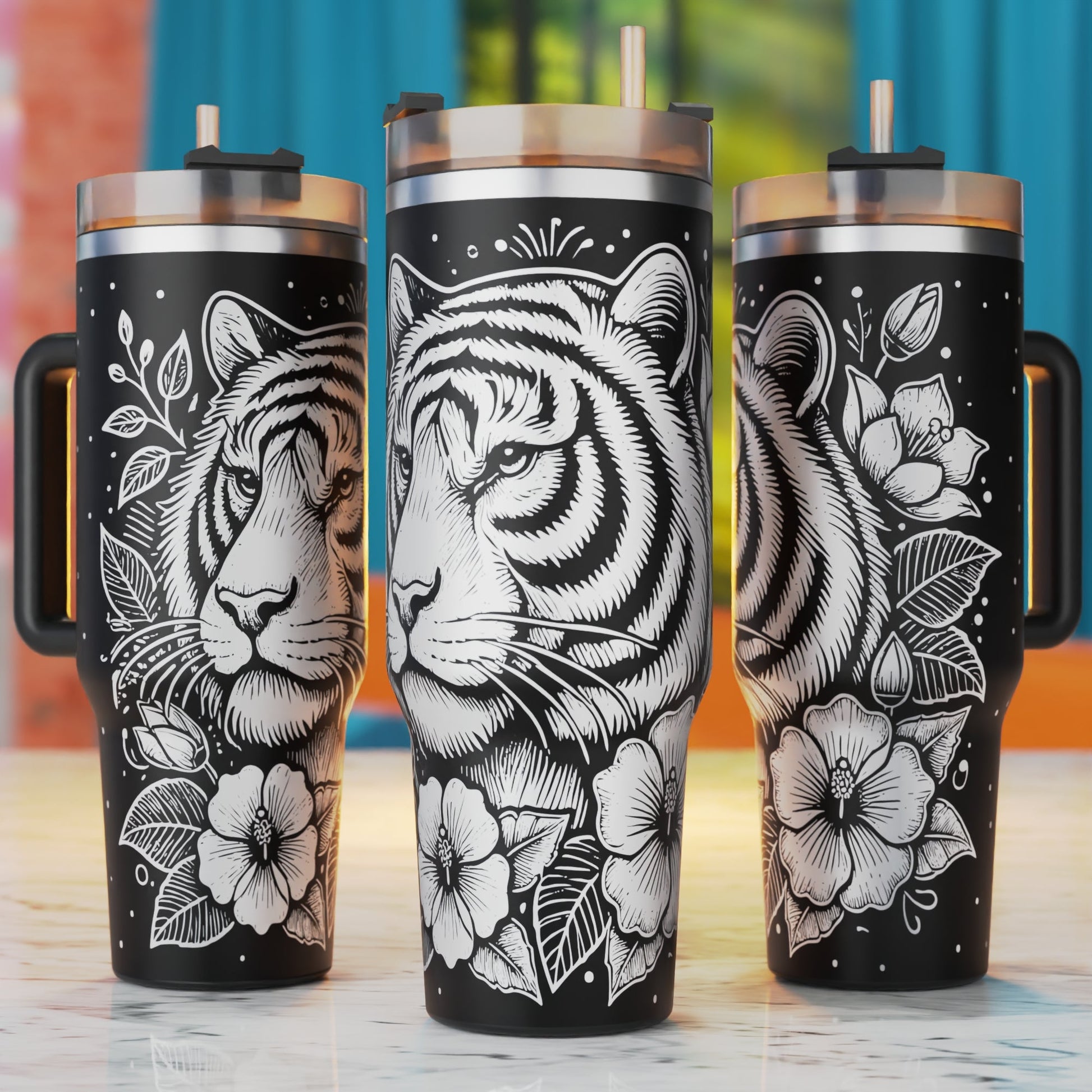 Tiger 40oz tumbler laser engraving SVG design – with flowers