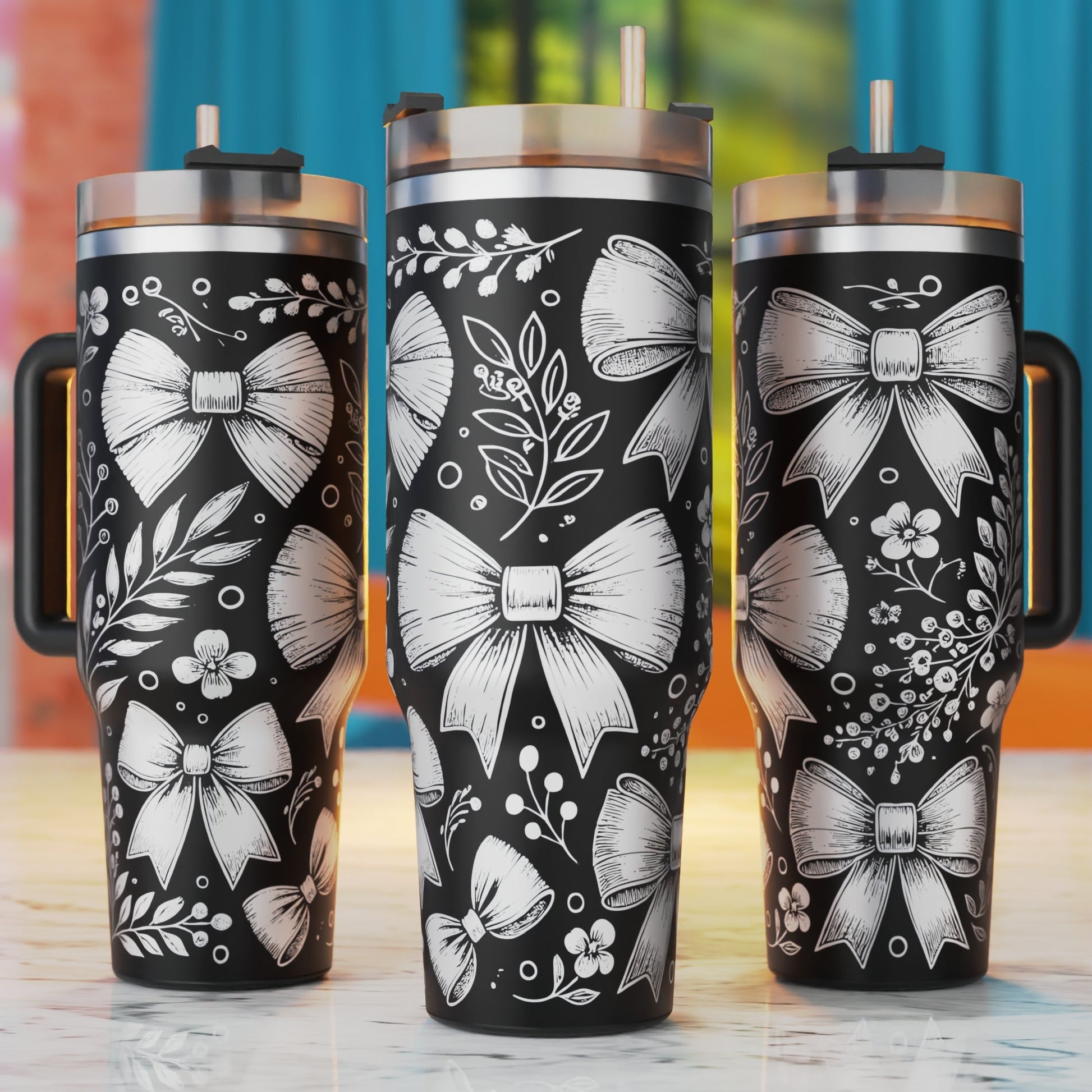 Coquette Bows with Line Art Floral 40oz tumbler laser engraving design