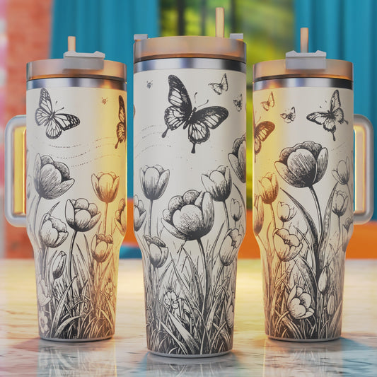 Butterflies and Floral Meadow 40oz tumbler laser engraving design