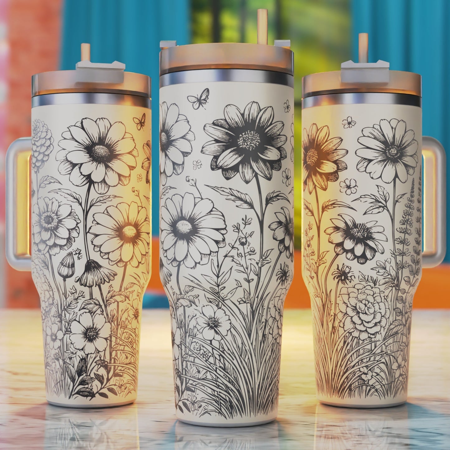 Boho Flowers Line Art 40oz tumbler laser engraving design