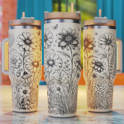 Boho Flowers Line Art 40oz tumbler laser engraving design