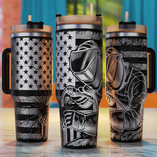 Welder with American Flag Background 40oz tumbler laser engraving design