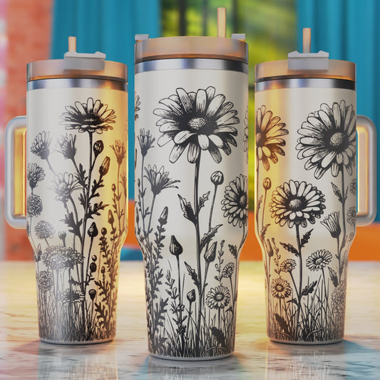 Boho Floral Line Art 40oz tumbler laser engraving design