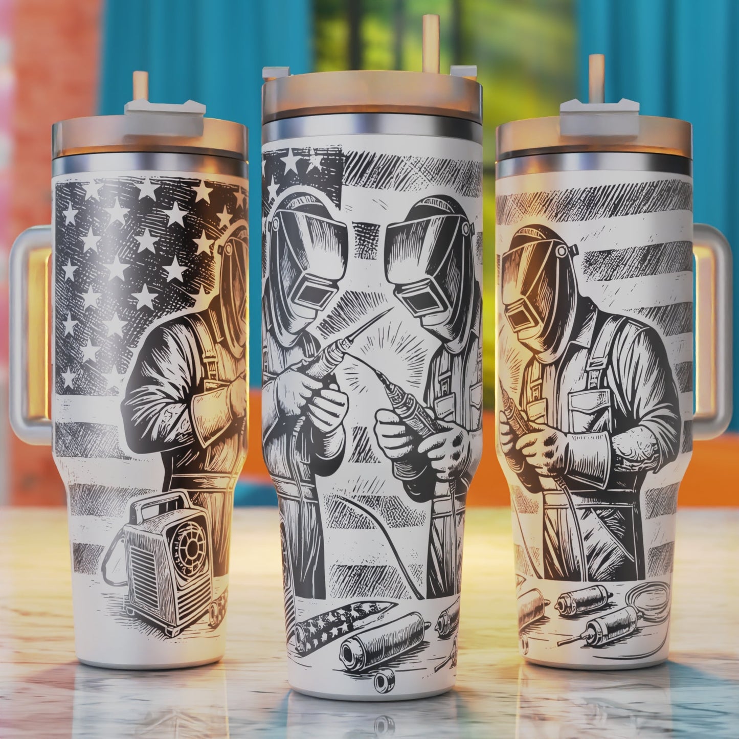 Welding Man with American Flag Background 40oz tumbler laser engraving design