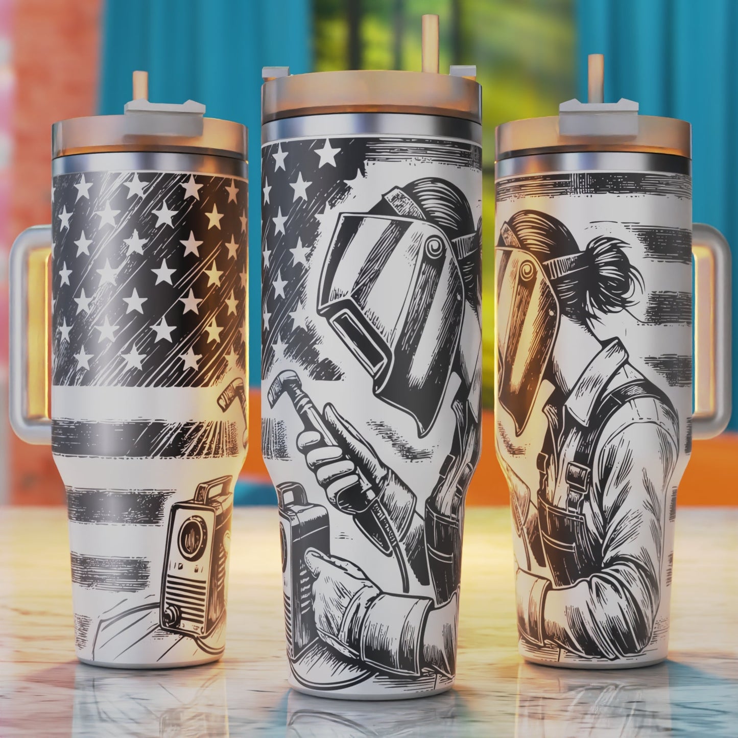 Welder Woman 40oz tumbler laser engraving design