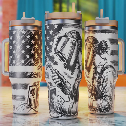 Welder Woman 40oz tumbler laser engraving design