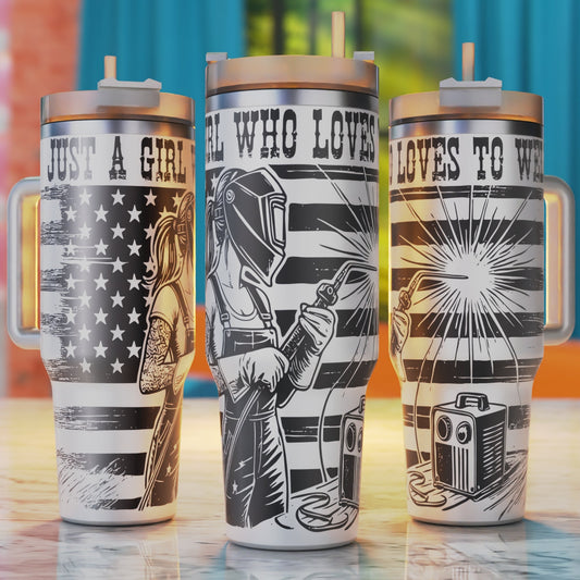 Welding Woman 40oz tumbler laser engraving design