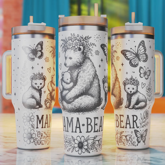 Mama Bear 40oz tumbler floral woodland laser engraving design