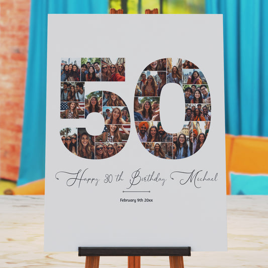 50th birthday number photo collage printable, editable Canva template with 24, 48, and 72 photo layouts, personalized milestone birthday poster design, instant download wall art gift