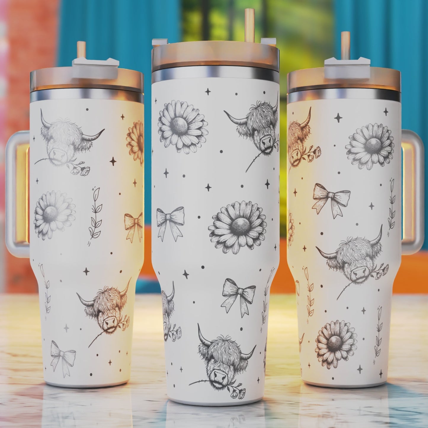 Highland cow floral 40oz tumbler rustic country laser engraving design