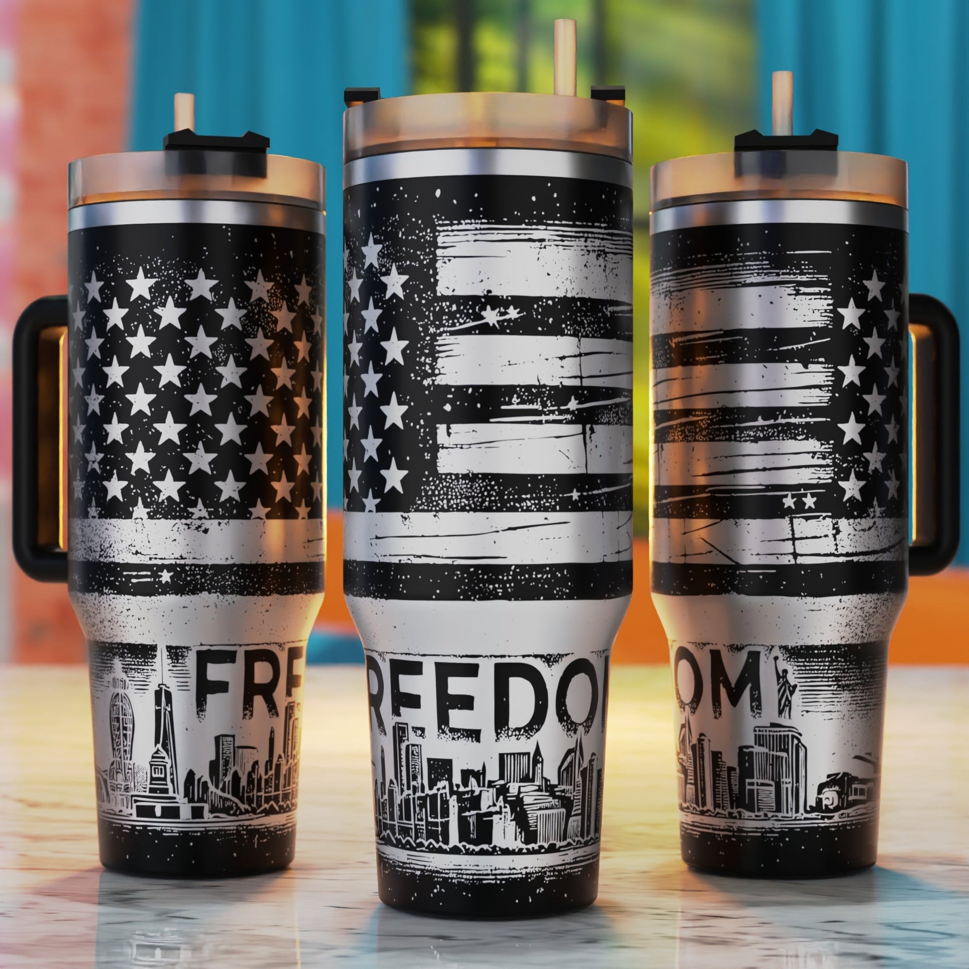 Freedom American flag patriotic skyline 40oz tumbler engraving SVG design
