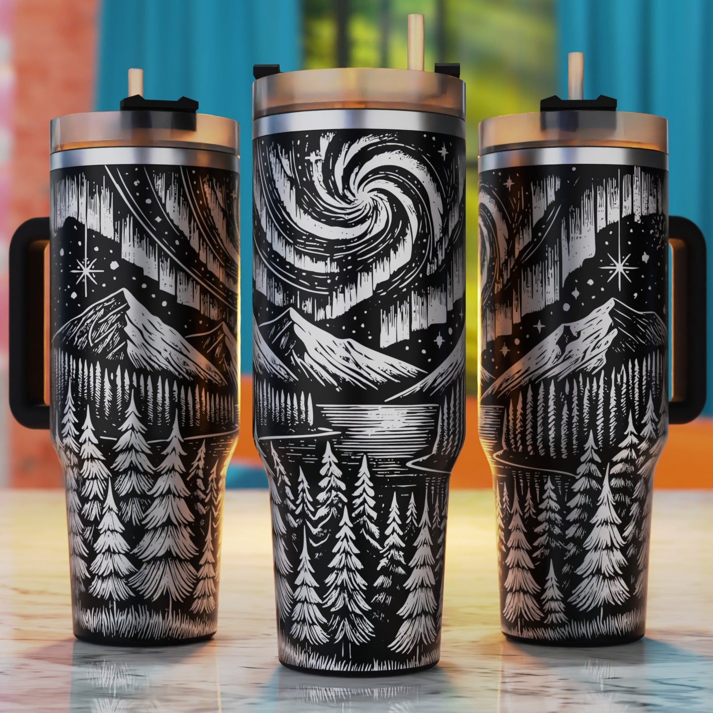 Mountain night sky forest galaxy 40oz tumbler engraving SVG design