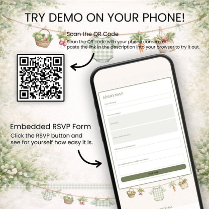 Phone with RSVP form on screen and QR code for demo on floral background