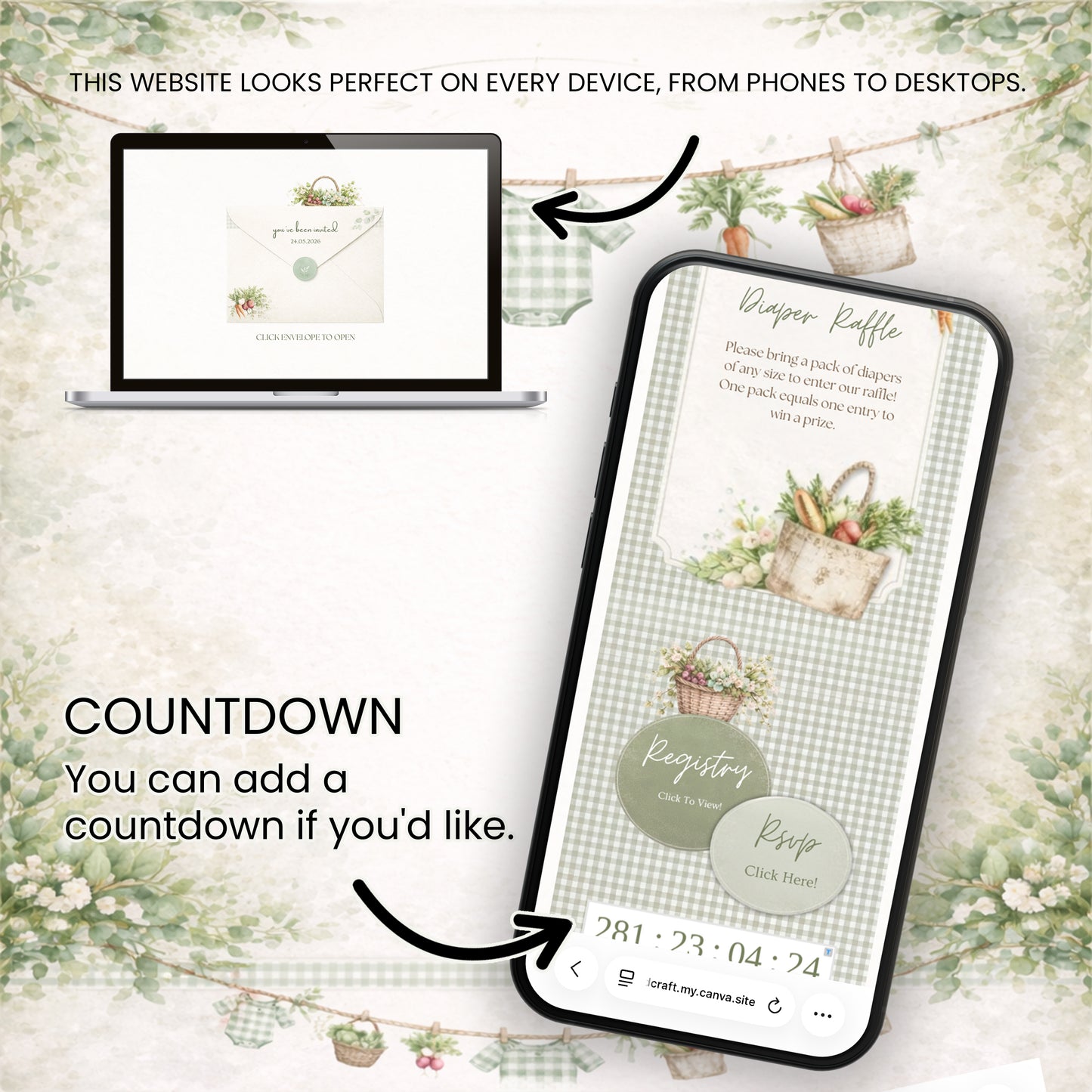 Smartphone and laptop displaying a locally grown baby shower registration website with decorative elements