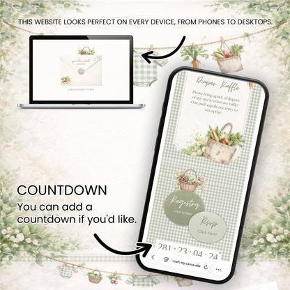 Smartphone and laptop displaying a locally grown baby shower registration website with decorative elements