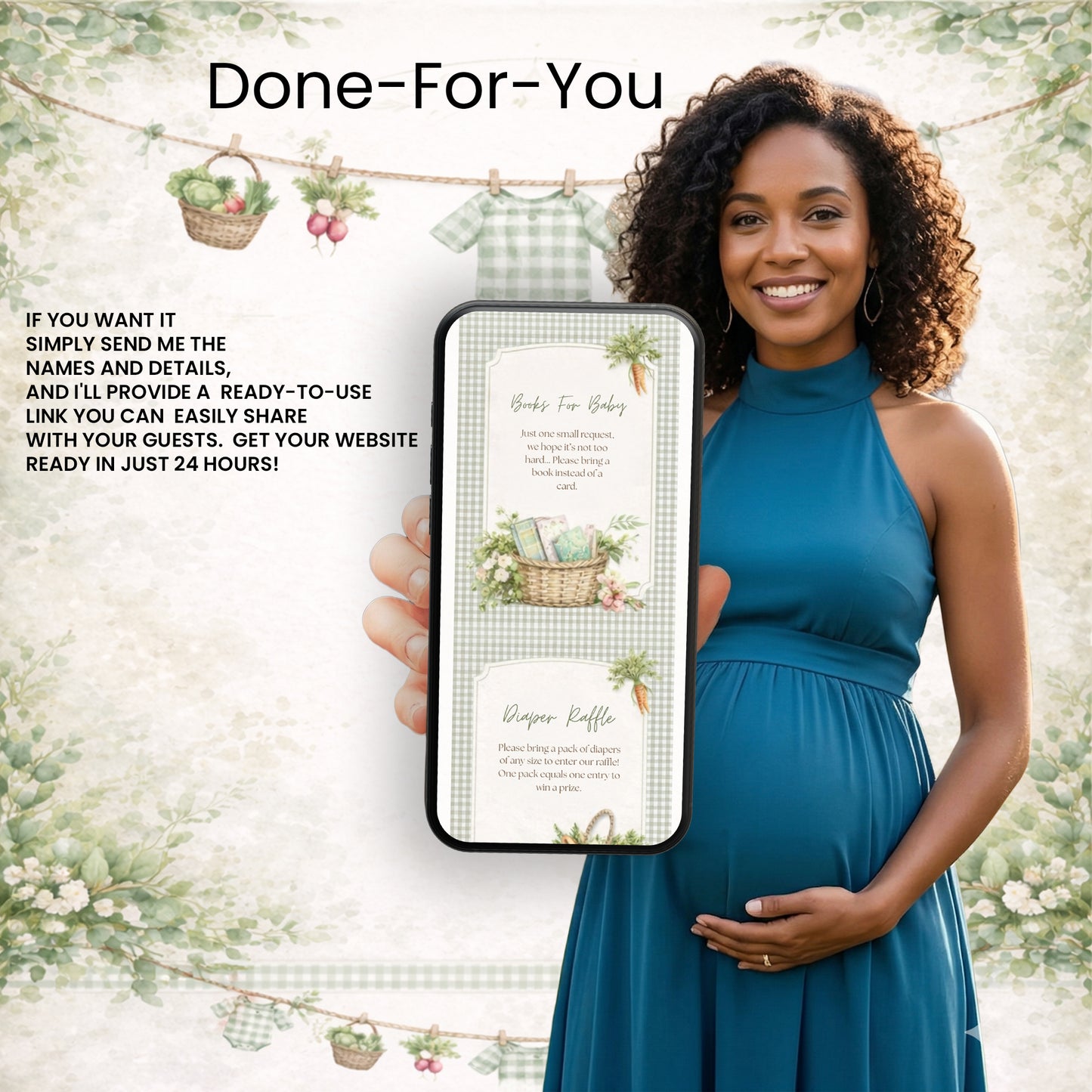 Pregnant woman holding a phone with a baby shower invitation on a 
locally grown themed background
