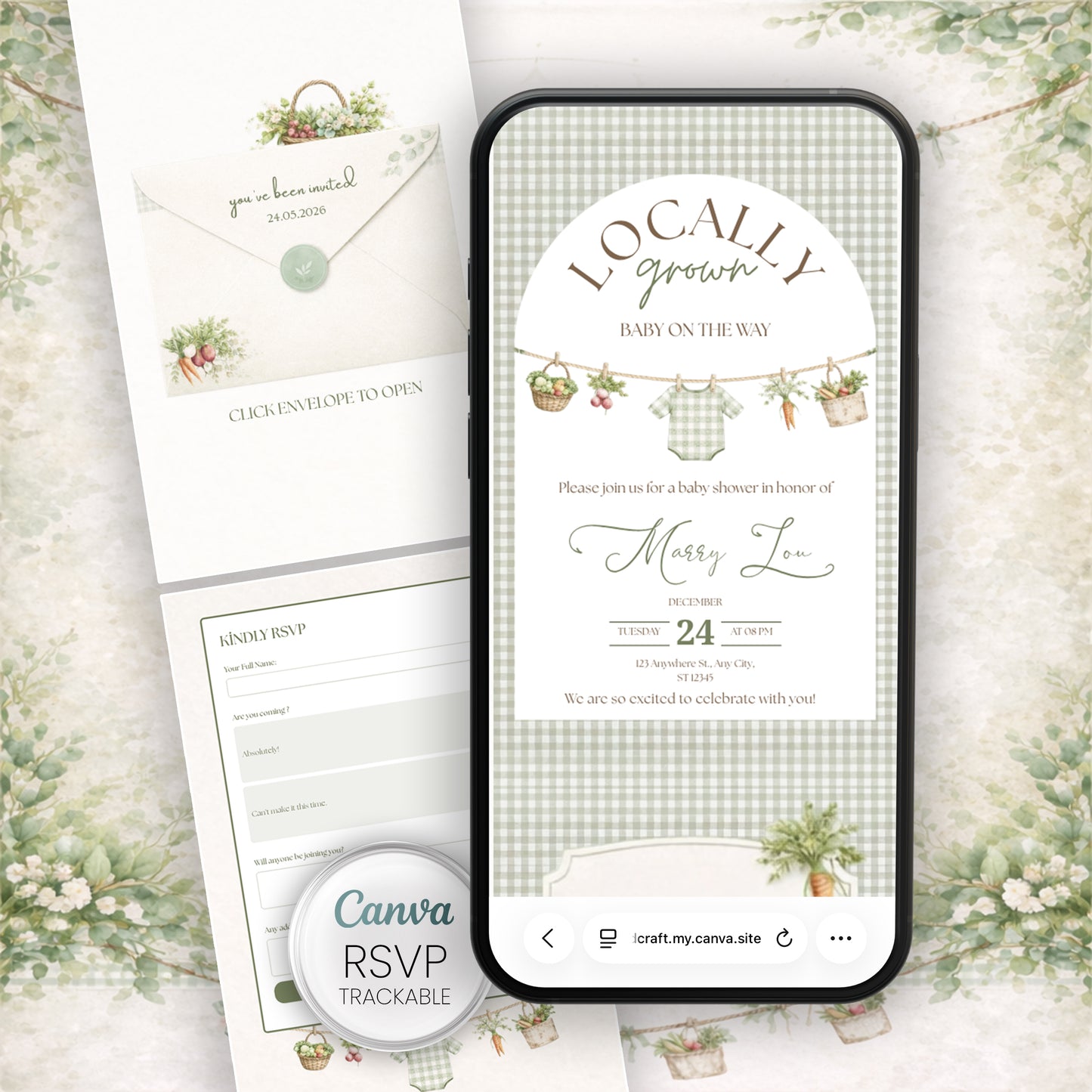 Phone screen displaying a baby shower invitation with 'Locally Grown' theme, surrounded by floral decorations.