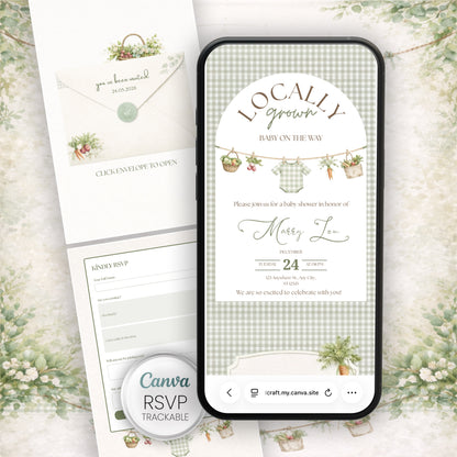 Phone screen displaying a baby shower invitation with 'Locally Grown' theme, surrounded by floral decorations.