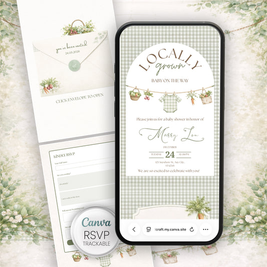Phone screen displaying a baby shower invitation with 'Locally Grown' theme, surrounded by floral decorations.