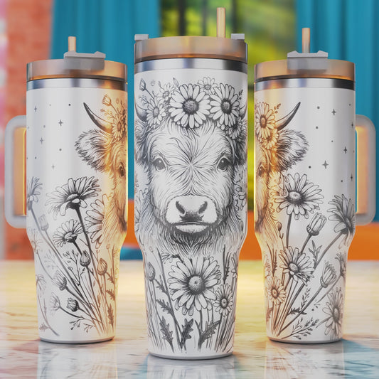 Baby highland cow floral 40oz tumbler engraving SVG design.
