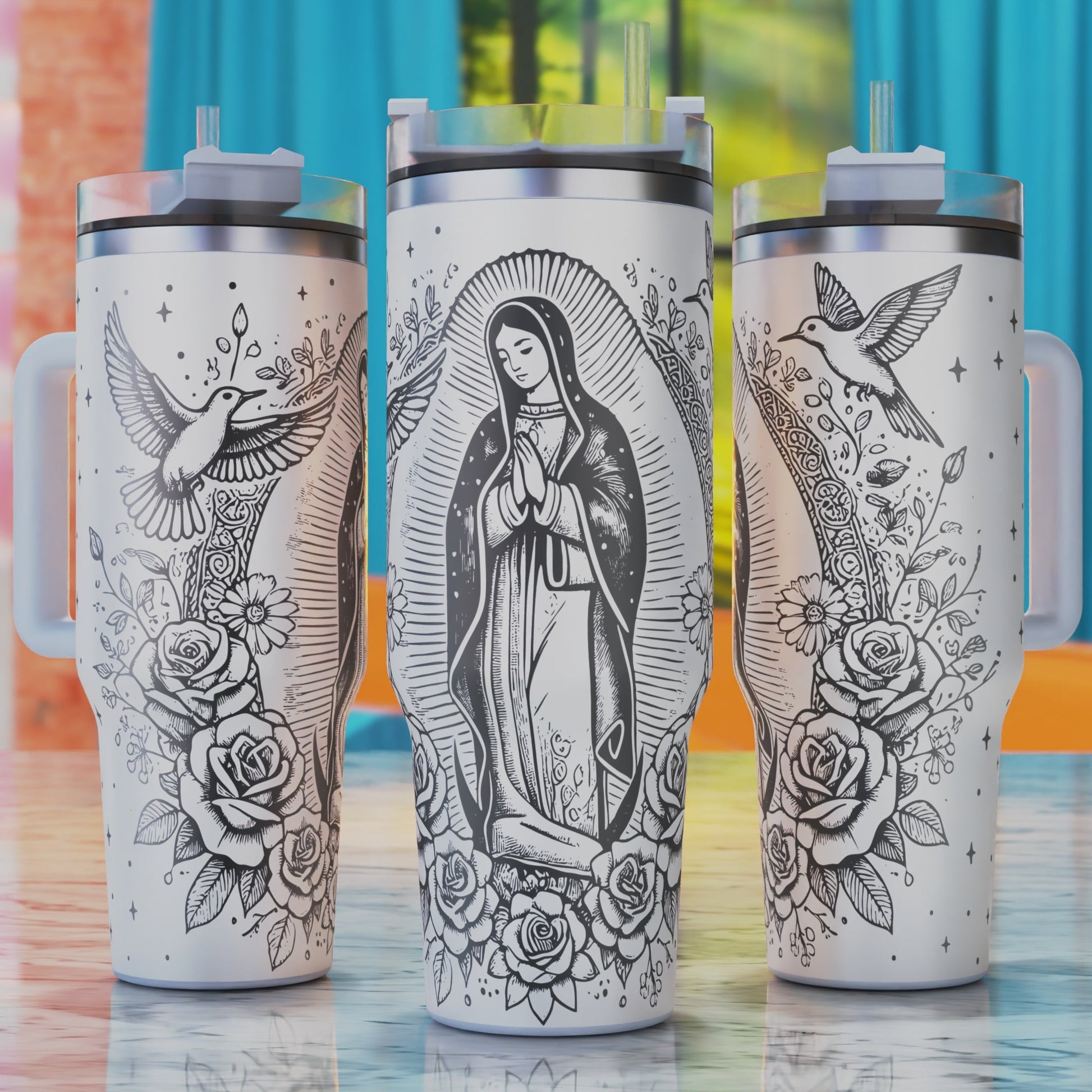 Virgen de Guadalupe with roses 40oz tumbler engraving SVG design.