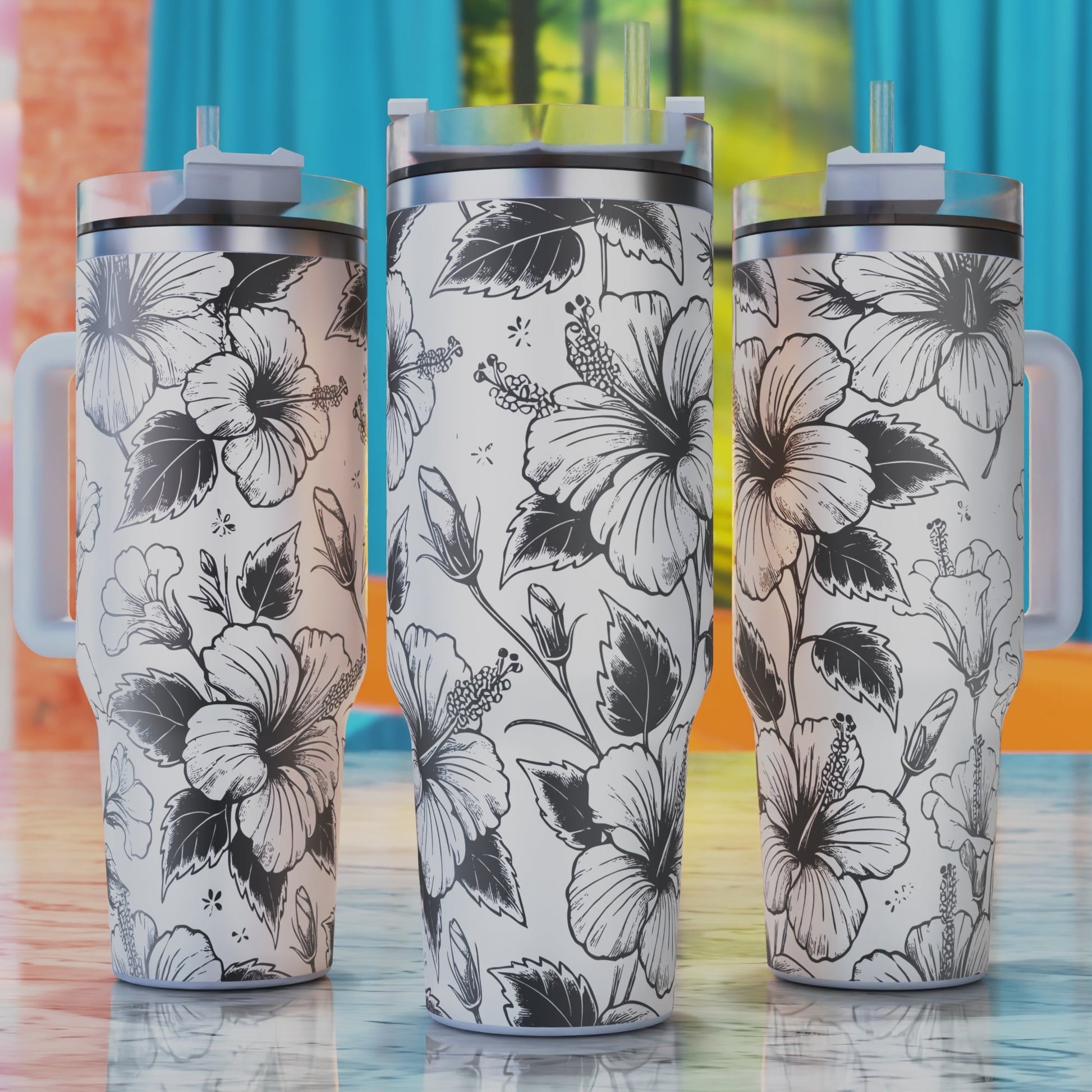 Hibiscus Flowers SVG – 40oz tumbler engraving SVG design, perfect for tropical hibiscus flowers and summer beach vibes.