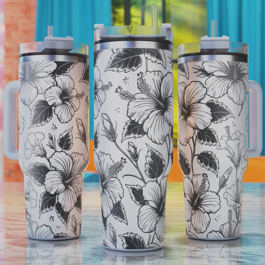 Hibiscus Flowers SVG – 40oz tumbler engraving SVG design, perfect for tropical hibiscus flowers and summer beach vibes.