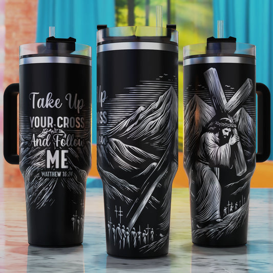 Jesus and Matthew 16:24 SVG – 40oz tumbler engraving SVG design, perfect for Christian faith with Matthew 16:24 scripture.