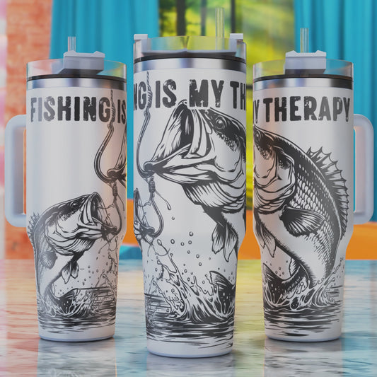 Fishing is My Therapy SVG – 40oz tumbler engraving SVG design, perfect for fishermen and outdoor relaxation themes.
