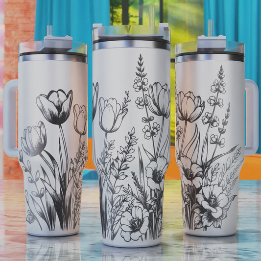 Wildflower and Tulips SVG – 40oz tumbler engraving SVG design, perfect for wildflowers and tulips floral patterns.