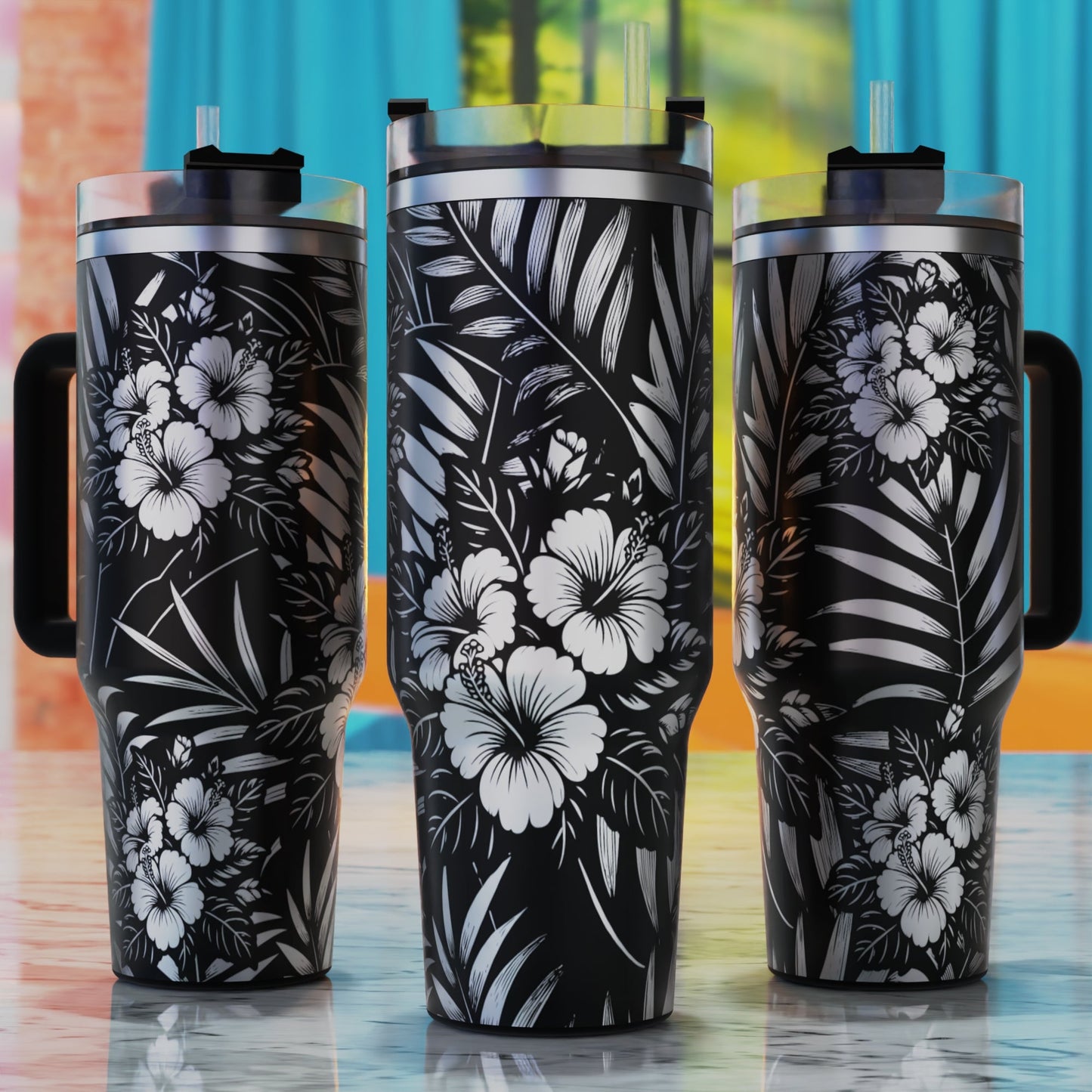 Hibiscus Flowers and Tropical Palm Leaves SVG – 40oz tumbler engraving SVG design, perfect for hibiscus and tropical palm leaves.