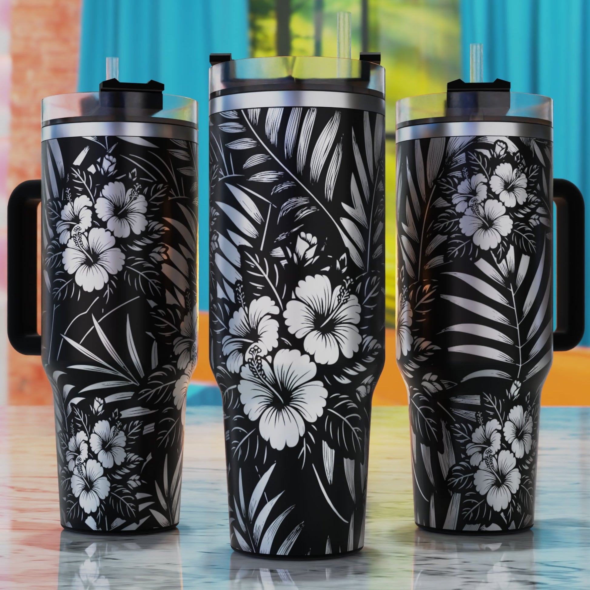 Hibiscus Flowers and Tropical Palm Leaves SVG – 40oz tumbler engraving SVG design, perfect for hibiscus and tropical palm leaves.