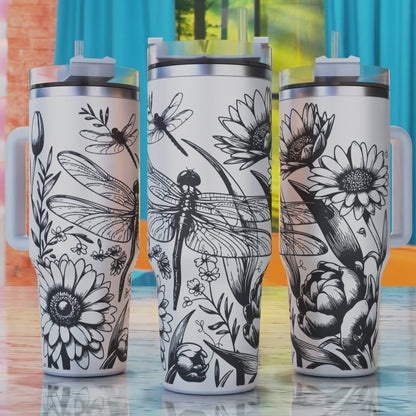 Dragonflies with Daisies SVG – 40oz tumbler engraving SVG design, perfect for dragonflies and daisy flowers.