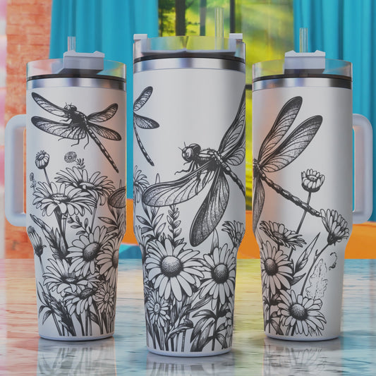 Dragonflies Daisies SVG – 40oz tumbler engraving SVG design, perfect for dragonflies and garden flowers.