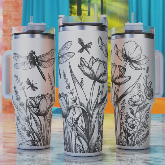 Dragonflies Tulips and Wild Meadow Flowers SVG – 40oz tumbler engraving SVG design, perfect for dragonflies, tulips, and wild meadow flowers.