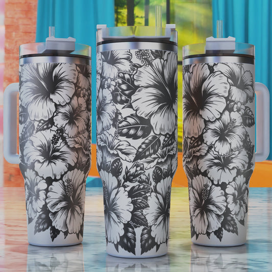 Hibiscus Flowers and Tropical Leaves SVG – 40oz tumbler engraving SVG design, perfect for hibiscus flowers and tropical leaves.