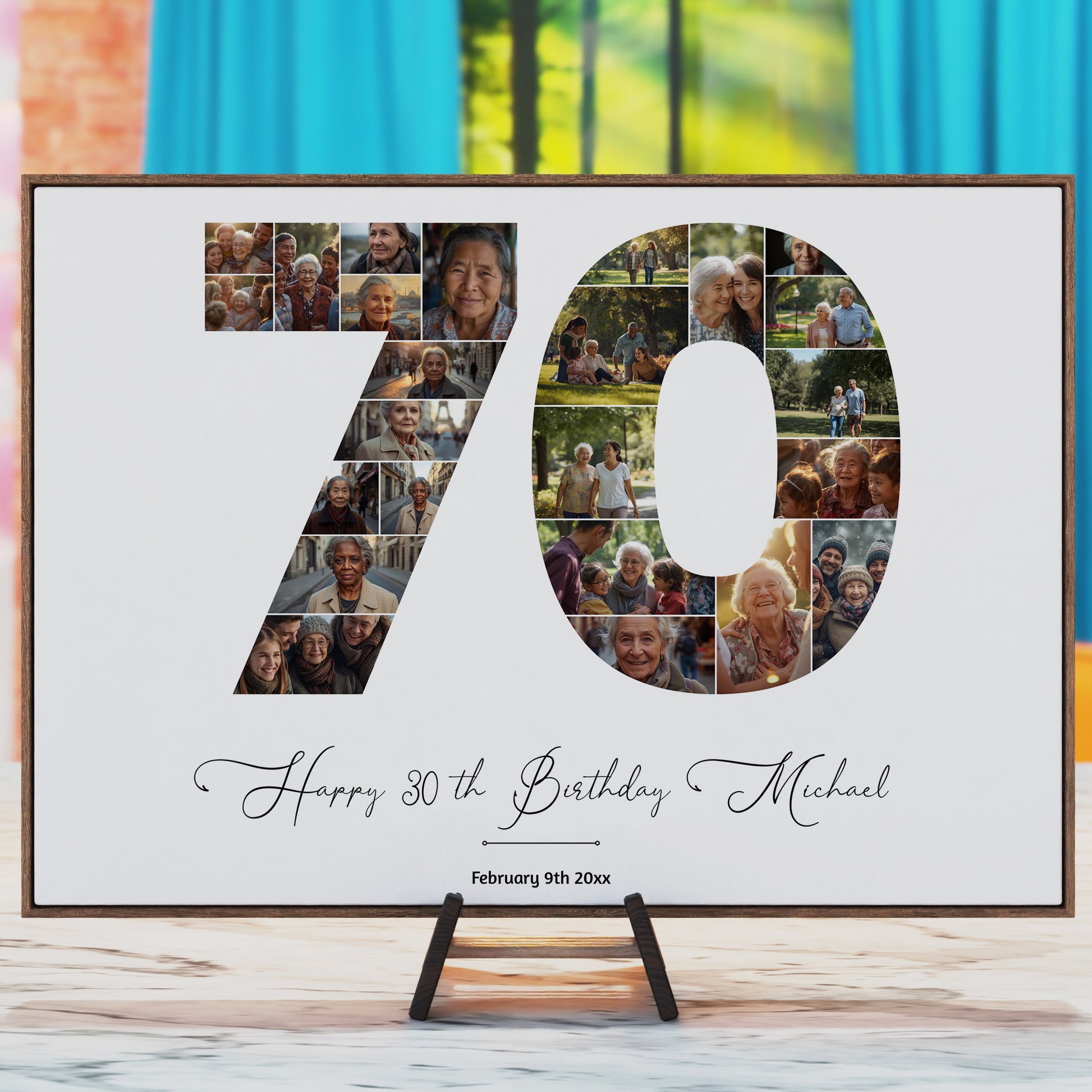 70th birthday number photo collage printable, editable Canva template, personalized milestone birthday poster with custom photos, wall art gift design
